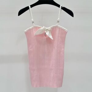 Chanel Pink Bow Rhinestone Buckle Knitted Camisole Size M
